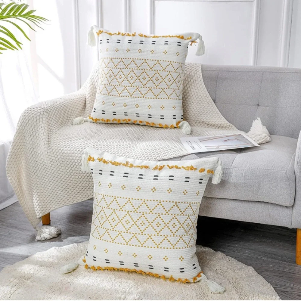 Luxury Home | Boho Yellow & Ivory Moroccan Weave Tassel Throw Pillow Cover